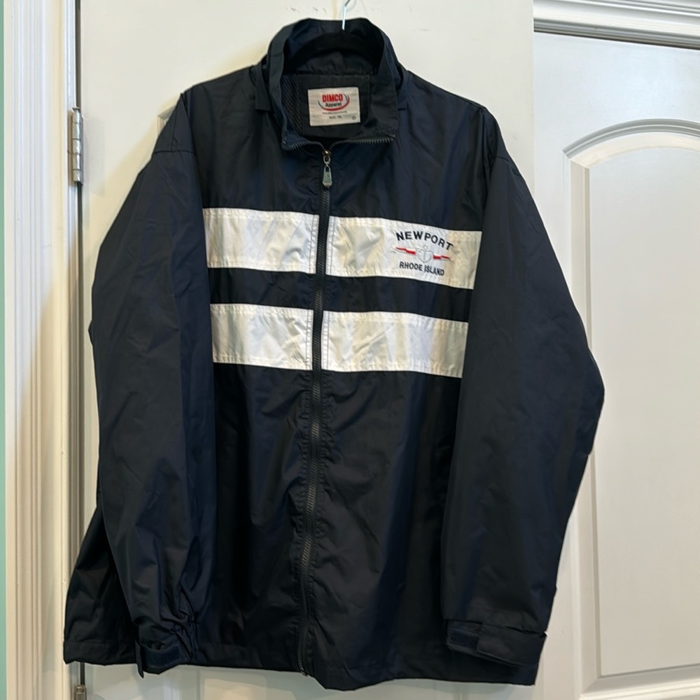 Newport, Rhode Island Navy blue windbreaker. White stripes. Size XXL